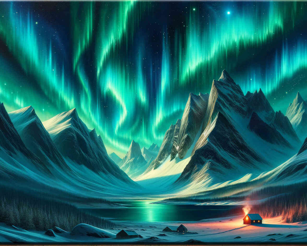 Smaragdgrüne Polarlichter über Bergen und einer leuchtenden Hütte in der arktischen Wildnis, inspiriert durch modernen Realismus.