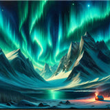Smaragdgrüne Polarlichter über Bergen und einer leuchtenden Hütte in der arktischen Wildnis, inspiriert durch modernen Realismus.
