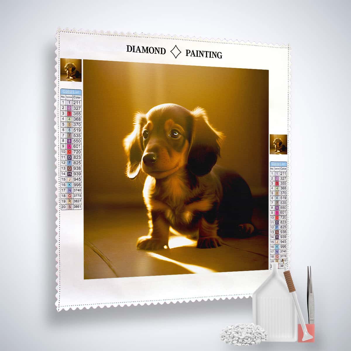 Diamond Painting Kit featuring a cute dachshund puppy in sunlight with acrylic diamonds and tools included.