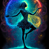Diamond painting of a woman in a beautiful dress at night with vibrant swirling colors in the background and intricate details.