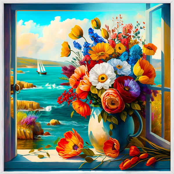 Malen nach Zahlen - Blumengesteck am Meer, entspannende Wirkung, leuchtende Blumen in Vase, Blick aufs Meer, kreatives Hobby für Stressabbau.