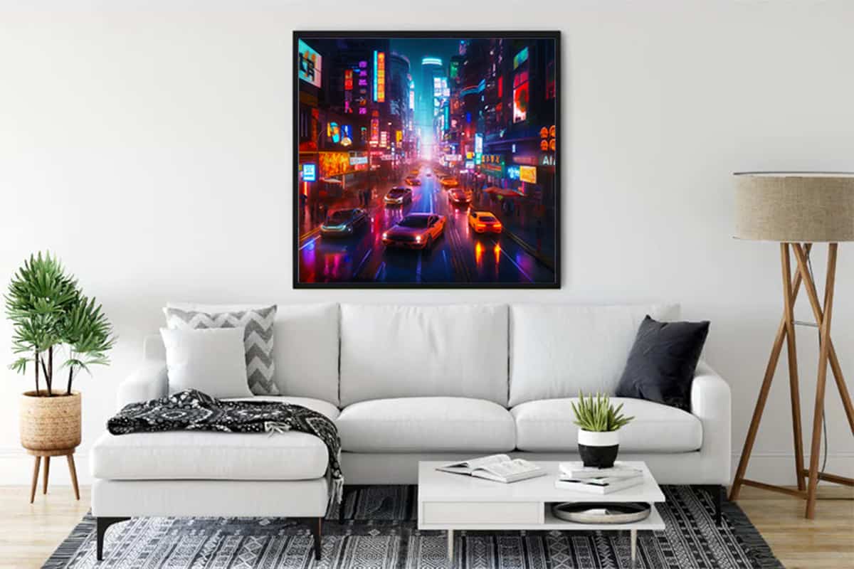 Painting of neon-lit cityscape at night displayed in a modern living room with white sofa, plants, and stylish decor.