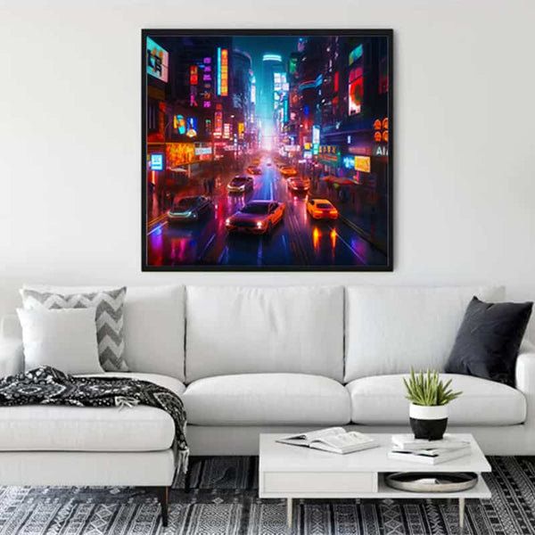 Painting of neon-lit cityscape at night displayed in a modern living room with white sofa, plants, and stylish decor.