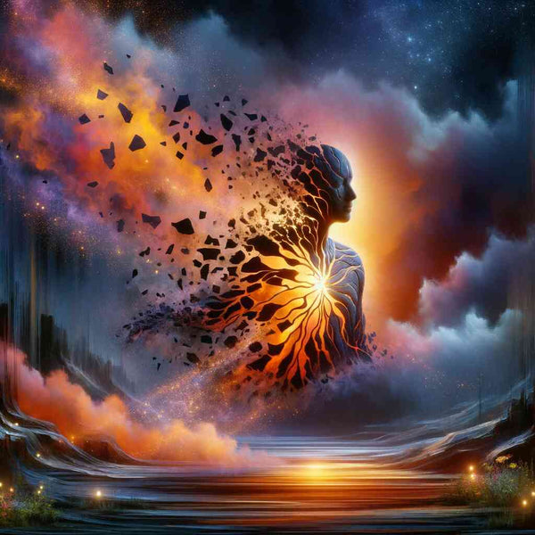 Abstract painting of cosmic figure disintegrating into space with vibrant colors, titled 