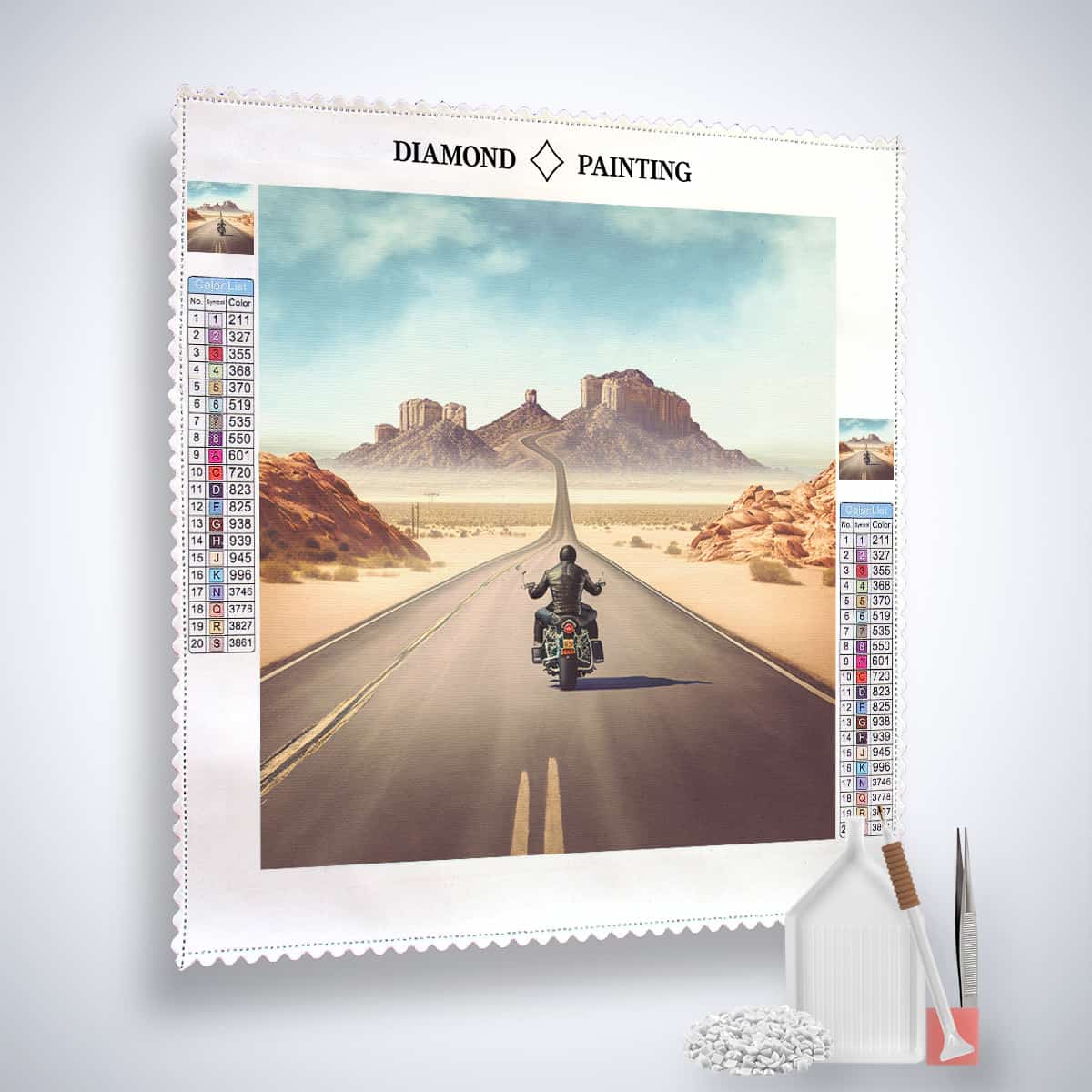 Diamond Painting Kit with vintage motorcycle road trip scene, acrylic diamonds, tweezers, and set components displayed