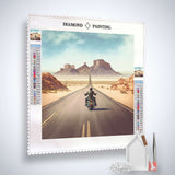 Diamond Painting Kit with vintage motorcycle road trip scene, acrylic diamonds, tweezers, and set components displayed