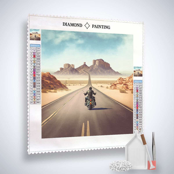 Diamond Painting Kit with vintage motorcycle road trip scene, acrylic diamonds, tweezers, and set components displayed