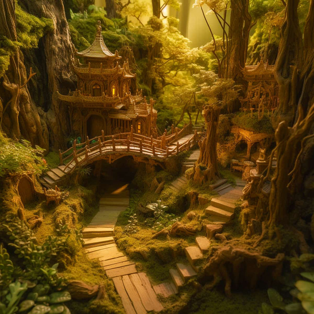 Fantasy forest village with wooden bridge and illuminated houses, surrounded by lush greenery and bathed in warm sunlight.