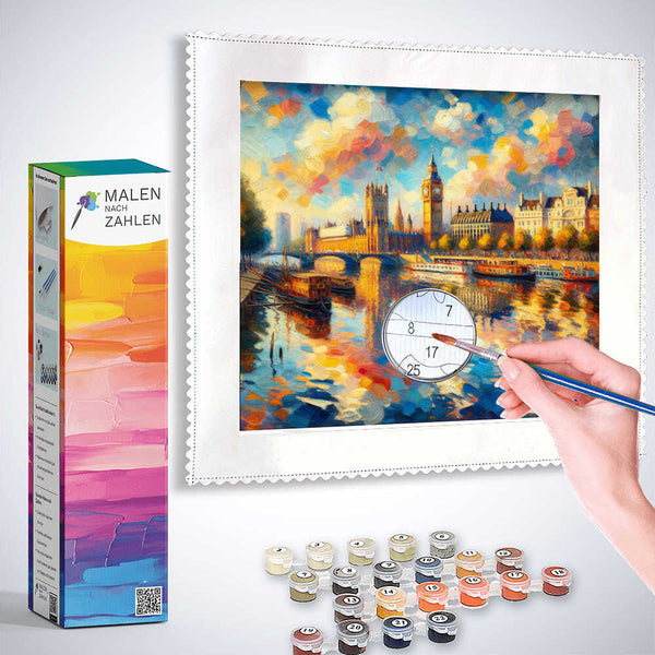 Paint by Numbers kit depicting London's vibrant evening glow along the river with paints and brush included.