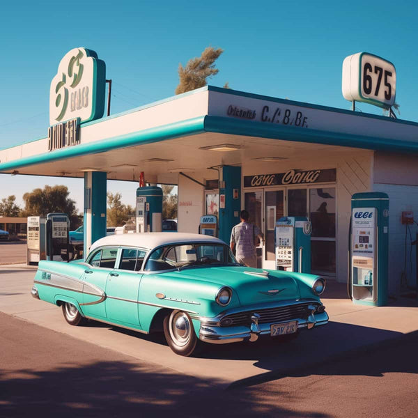 Vintage turquoise car at a retro gas station remembers the Golden Era of Automobiles.