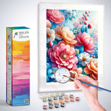 Paint by numbers kit with colorful floral design, showcasing a hand painting petals and a vibrant box labeled 