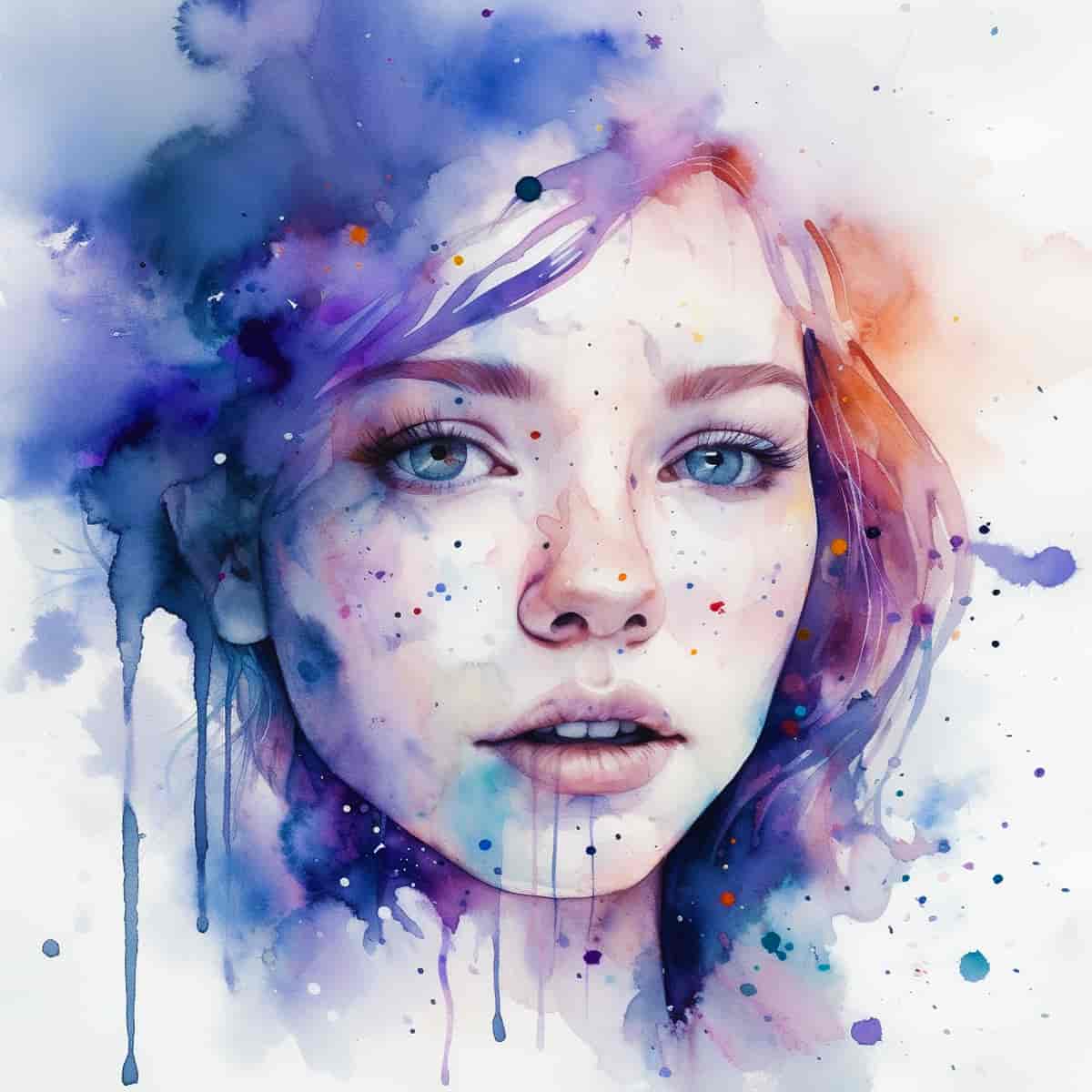 Watercolor portrait of a woman with vibrant colors and abstract splashes