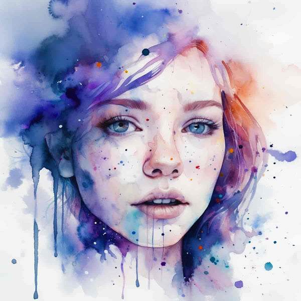 Watercolor portrait of a woman with vibrant colors and abstract splashes