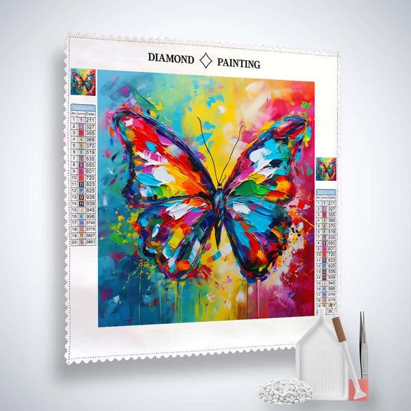 AB Diamond Painting - Schmetterling Abstrakt Farbenfroh kit with colorful butterfly design, acrylic diamonds, and painting tools
