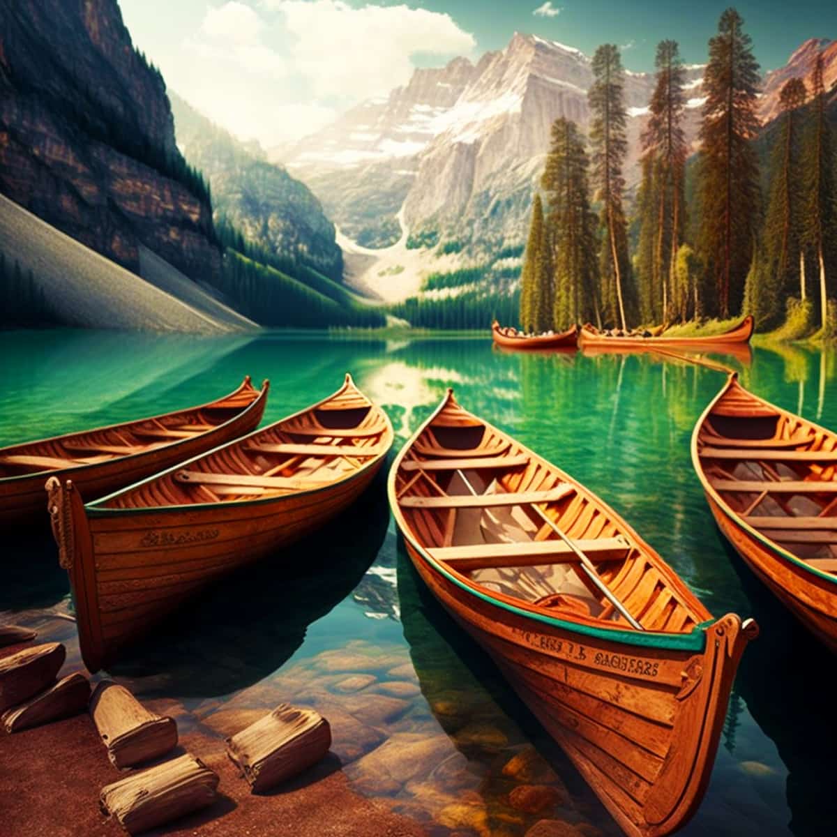 Beautiful mountain lake with wooden boats, perfect for diamond painting enthusiasts seeking a serene and sparkling boat tour scene