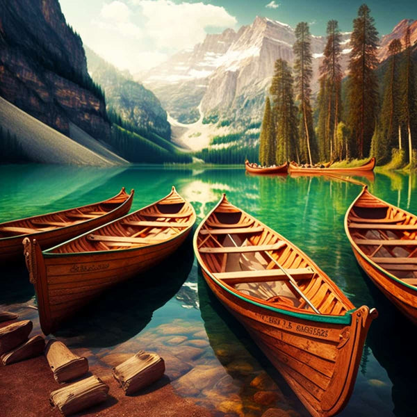 Beautiful mountain lake with wooden boats, perfect for diamond painting enthusiasts seeking a serene and sparkling boat tour scene
