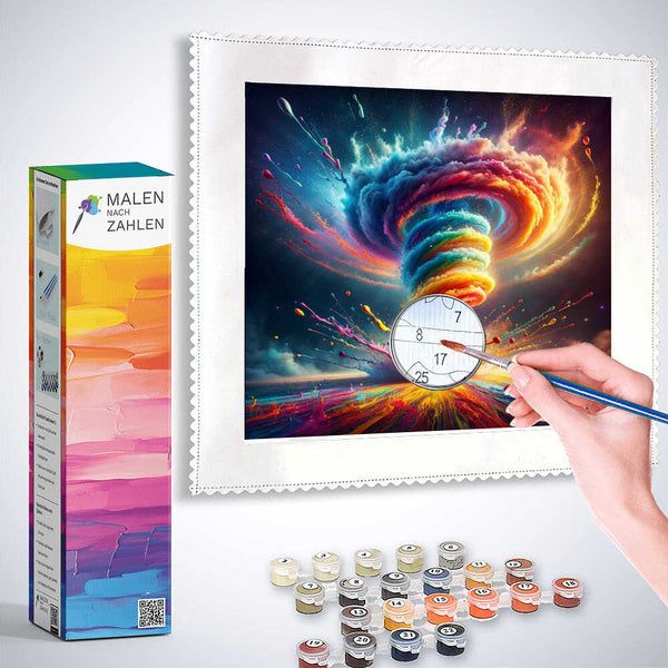 Painting by numbers kit "Farbensturm der Gefühle" showing a vibrant, swirling storm of colors being painted by hand.