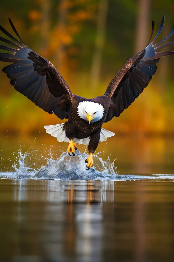 Bald eagle soaring above water in autumn forest background.