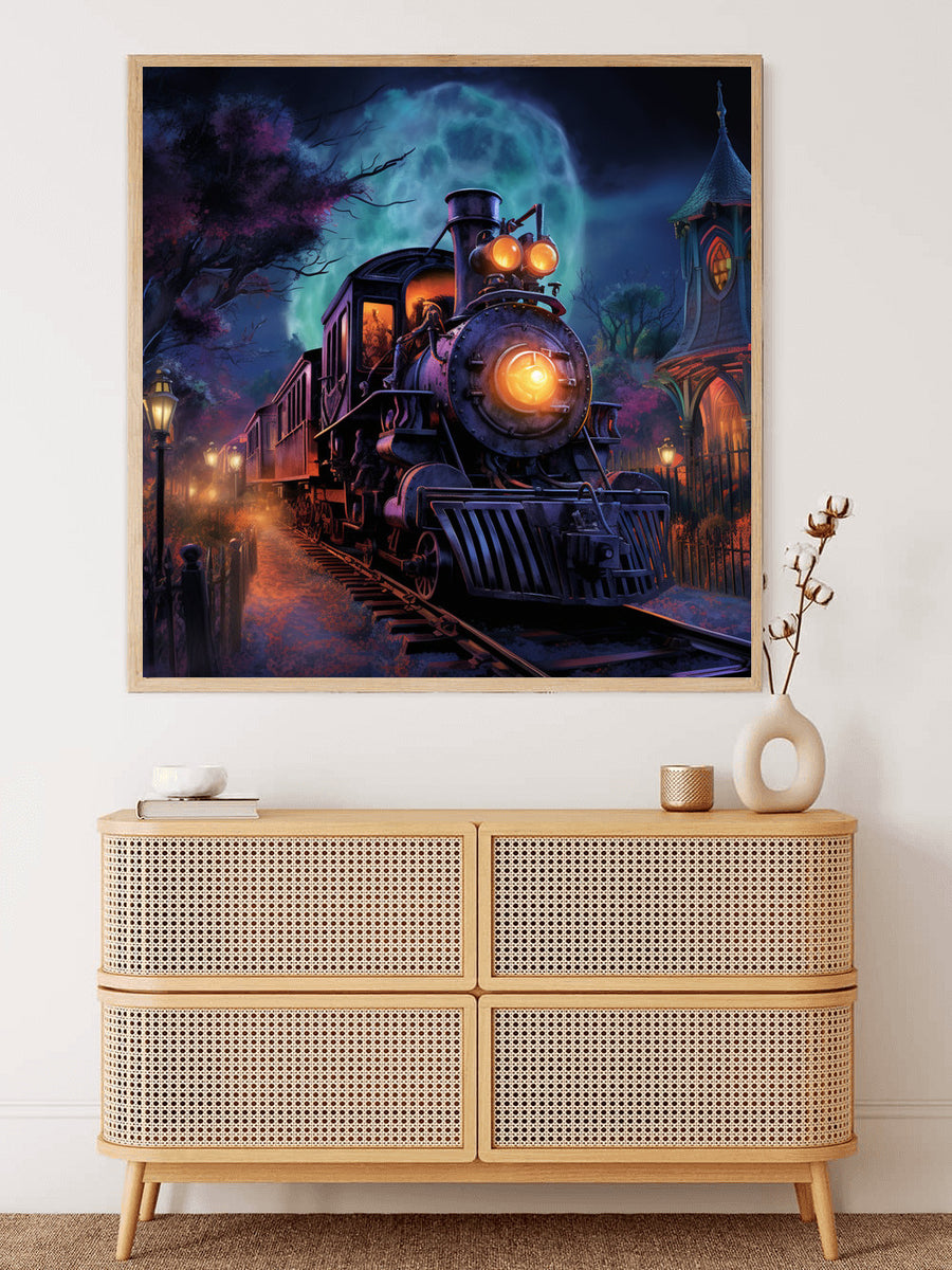 Framed "Malen nach Zahlen - Ghost Train" artwork on wall, featuring a glowing train in eerie night setting.