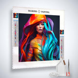 Diamond painting kit with a woman rider design, featuring vibrant colors displayed with included tools and acrylic diamonds.