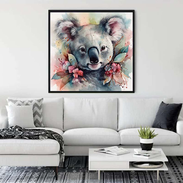Malen nach Zahlen - Kuscheliger Koala Bild über einem modernen, weißen Sofa in einem stilvollen Wohnzimmer