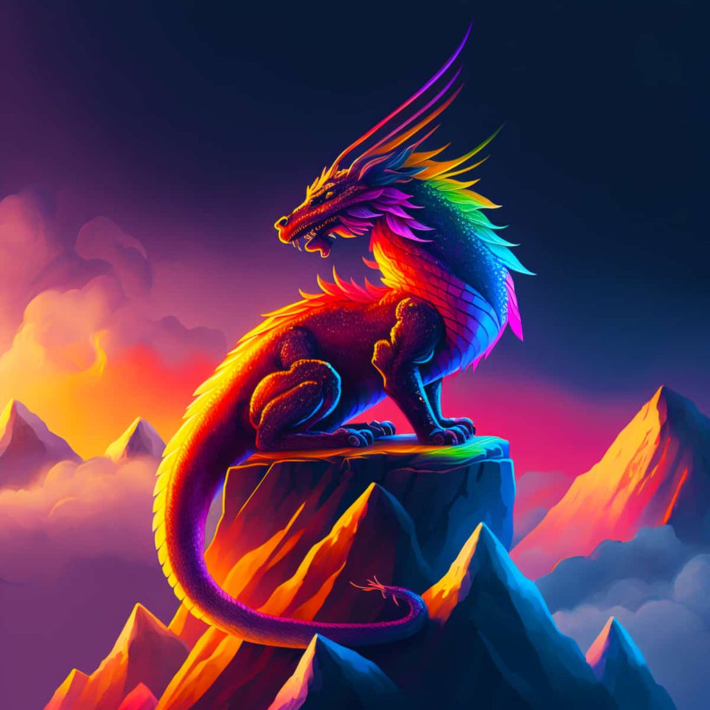 Diamond Painting of a majestic dragon warrior on a mountain peak at sunset with vibrant colors and intricate details