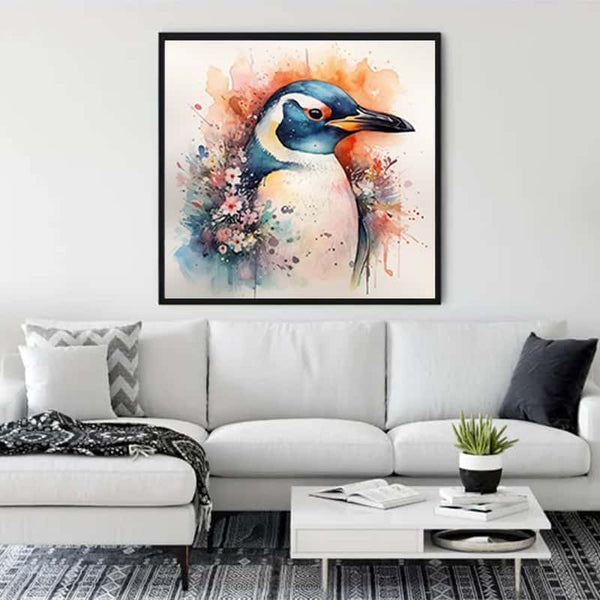 Living room with framed "Malen nach Zahlen - Witziger Pinguin" artwork above white sofa and modern decor