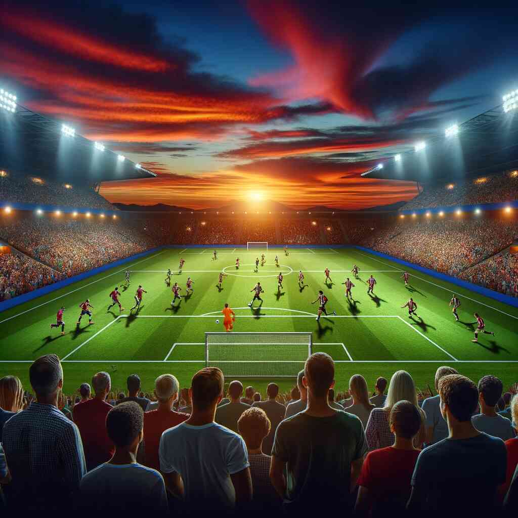 Crowd watching sunset soccer match in vibrant stadium - Malen nach Zahlen - Abendglühen im Stadion