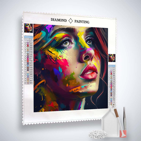 AB Diamond Painting - Frau mit Farben Leinwand mit Acryl Diamonds, Künstler-Pinzette und Profi Setzstift