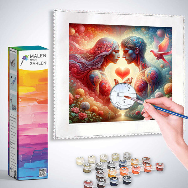 Painting by numbers kit titled "Herzensgeflüster" depicting a romantic couple and vibrant colors with a hand using a brush to paint.