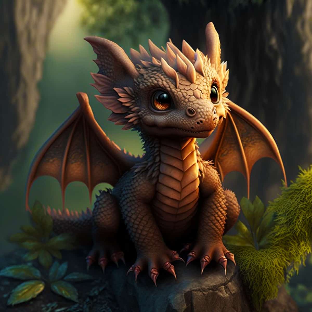Cute baby dragon with detailed scales and large eyes, sitting on a rock in a lush forest backdrop.