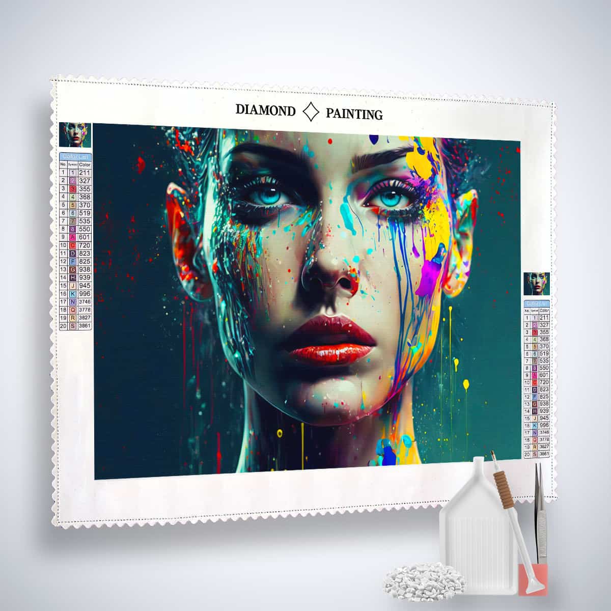 AB Diamond Painting - Trauerregen kit with acrylic diamonds, canvas, artist tweezers, and setting pen shown with a vibrant painted face motif.