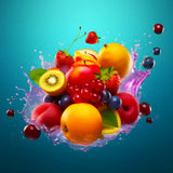 Colorful fruit splash with oranges, kiwis, strawberries, grapes, blueberries, and cherries against a vibrant aquamarine background