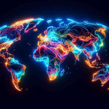 Weltkarte Malen nach Zahlen Leuchtende Kontinente in Neonfarben, dynamisches Kunstwerk mit pulsierenden Farben und abstrakter Geografie.