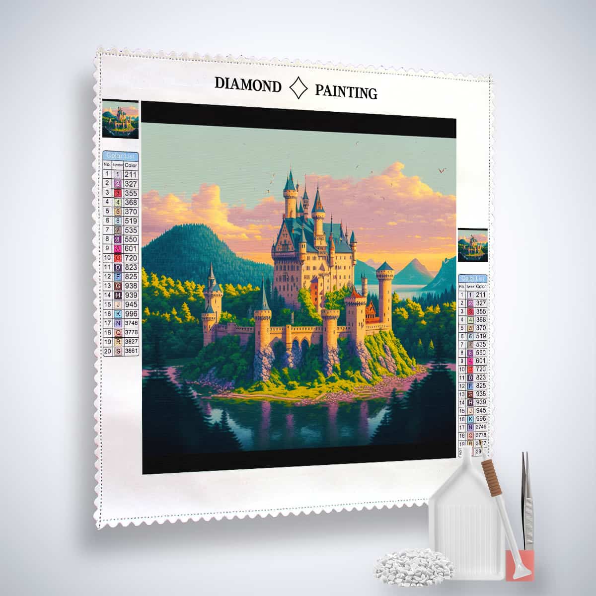 Diamond Painting Märchenschloss Kit, including a castle canvas, acrylic diamonds, tweezers, and professional set-up tools.