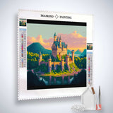 Diamond Painting Märchenschloss Kit, including a castle canvas, acrylic diamonds, tweezers, and professional set-up tools.