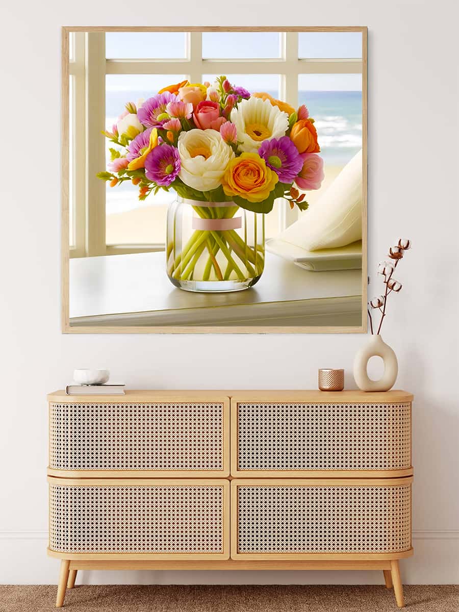 Blumenstrauß am Strand Gemälde auf einem modern gestalteten Regal, Malen nach Zahlen Kunstwerk für entspannende und kreative Freizeitbeschäftigung