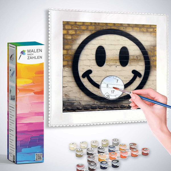 "Malen nach Zahlen Set - Urbanes Lächeln mit Smiley auf Ziegelwand und Malzubehör"