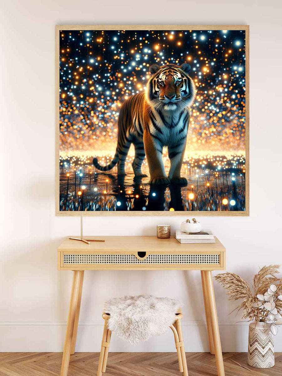 Painting by numbers "Sternenwächter: Das Funkeln des Kosmos" featuring a luminous tiger amid cosmic sparkle, mounted above a wooden desk in a cozy room.