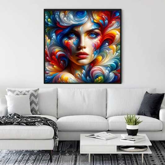 AB Diamond Painting of a woman with blue eyes, surrounded by vibrant red, blue, and yellow swirls, hanging in a modern living room.