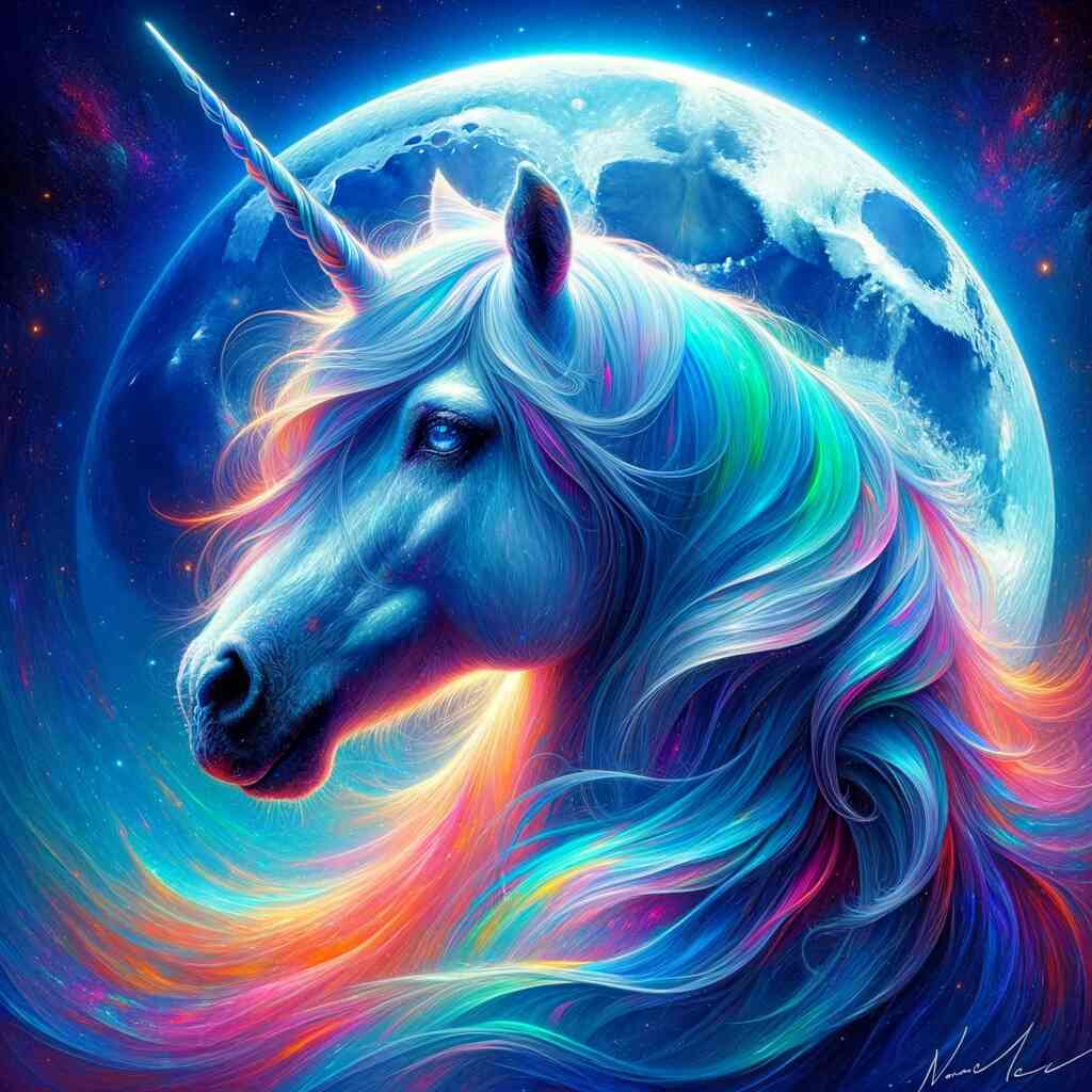 Painting by numbers of a cosmic unicorn with a vibrant rainbow mane and a glowing moon background, perfect for relaxation and creativity.