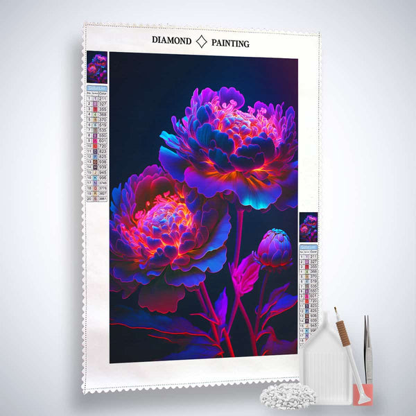 AB Diamond Painting - Blumen strahlend. Set mit Leinwand, Acryl Diamonds, Pinzette und Profi-Setzstift displayed. Entdecke Kunst, die funkelt!✨