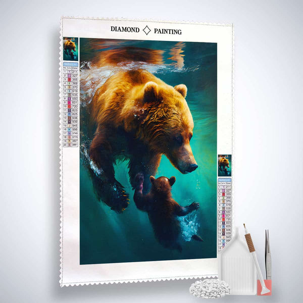 Diamond Painting Kit of a mother bear and cub swimming, includes canvas, acrylic diamonds, tweezers, and setting tools.