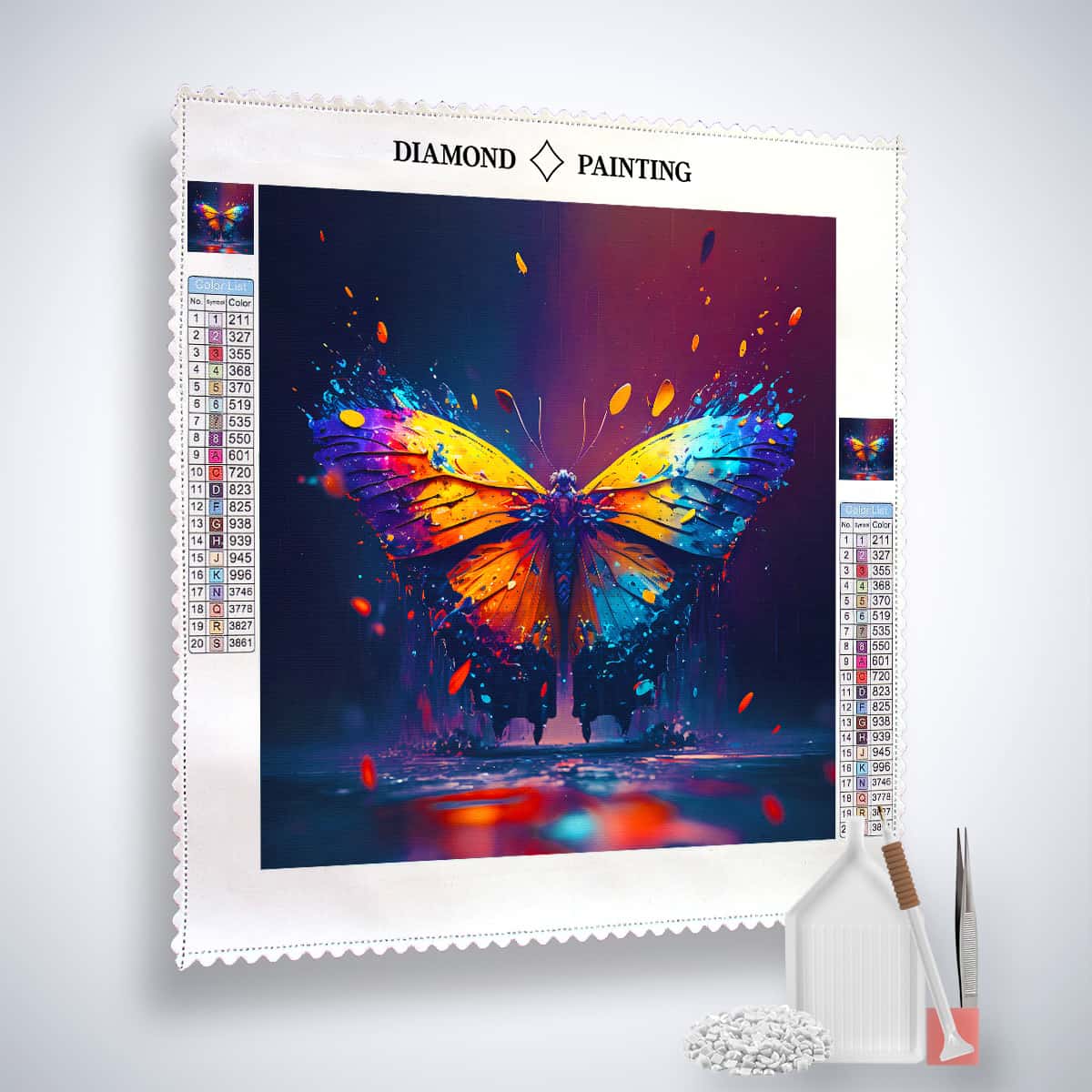 AB Diamond Painting Schmetterling Farbenprächtig - Buntes Schmetterlingsmotiv auf Leinwand mit Acryl Diamonds, Pinzette und Setzstift.