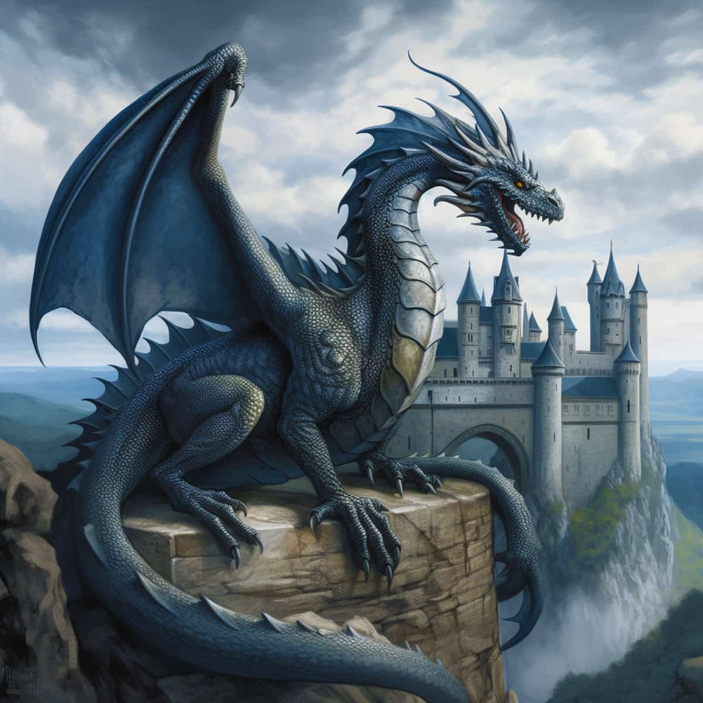 Majestic dragon perched on cliffside overlooking a medieval castle in fantasy art.