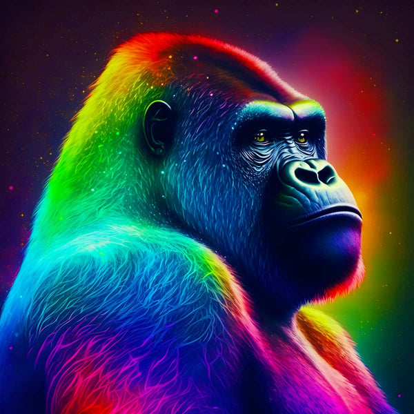 Vibrant neon-colored gorilla artwork from AB Diamond Painting Kits, featuring a stunning blend of bright colors and intricate details.