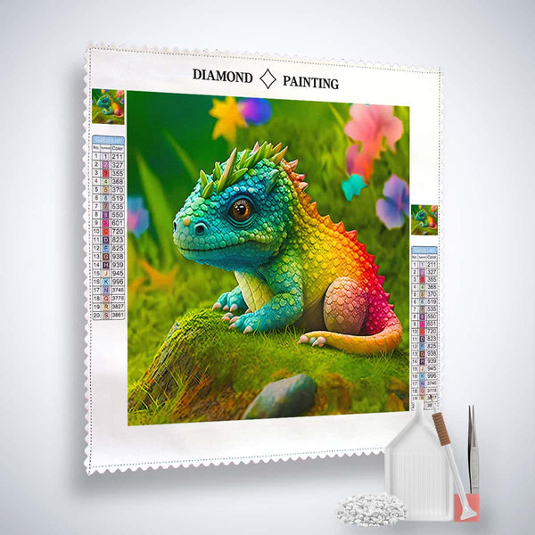AB Diamond Painting Kit - Babydrache auf Wiese mit farbenfrohen Acryl Diamonds und Zubehör für funkelnde Kunstwerke.