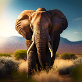 Diamond painting kit - frontal view of a majestic elephant in a savanna landscape, with mountains in the background.
