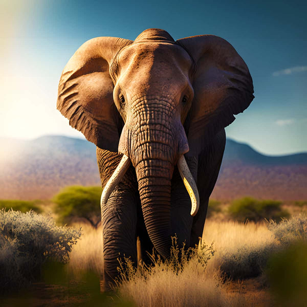 Diamond painting kit - frontal view of a majestic elephant in a savanna landscape, with mountains in the background.