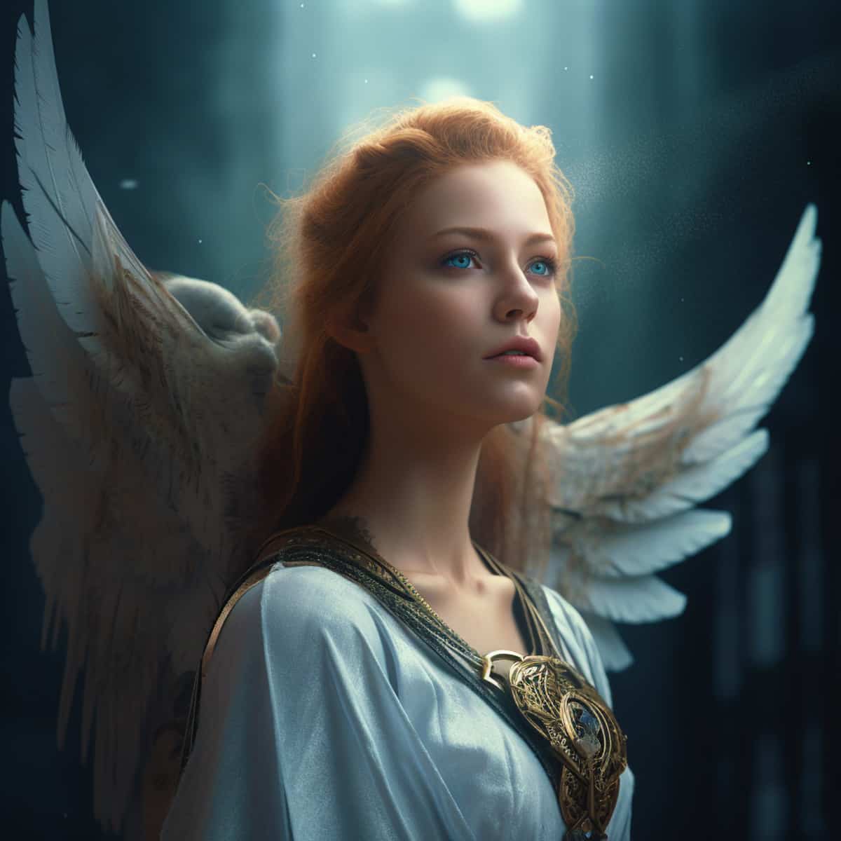 Diamond Painting Engel Frontal - Angelic figure with white wings and flowing hair in mesmerizing light.